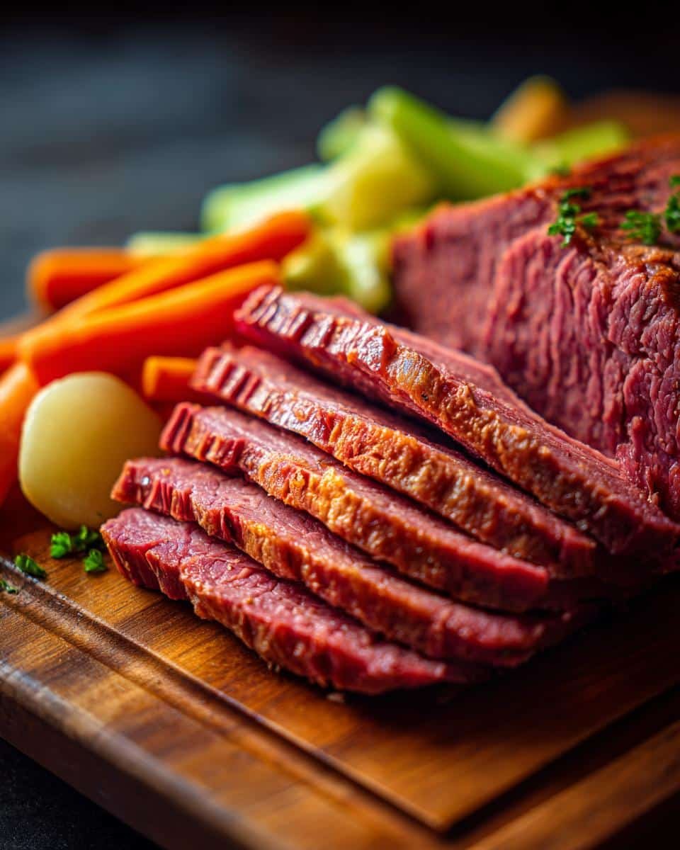 Corned Beef Recipes Slow Cooker: 8-Hour Tender Feast 8 Slices of corned beef recipes slow cooker, served with carrots, celery, and potatoes on a wooden board.