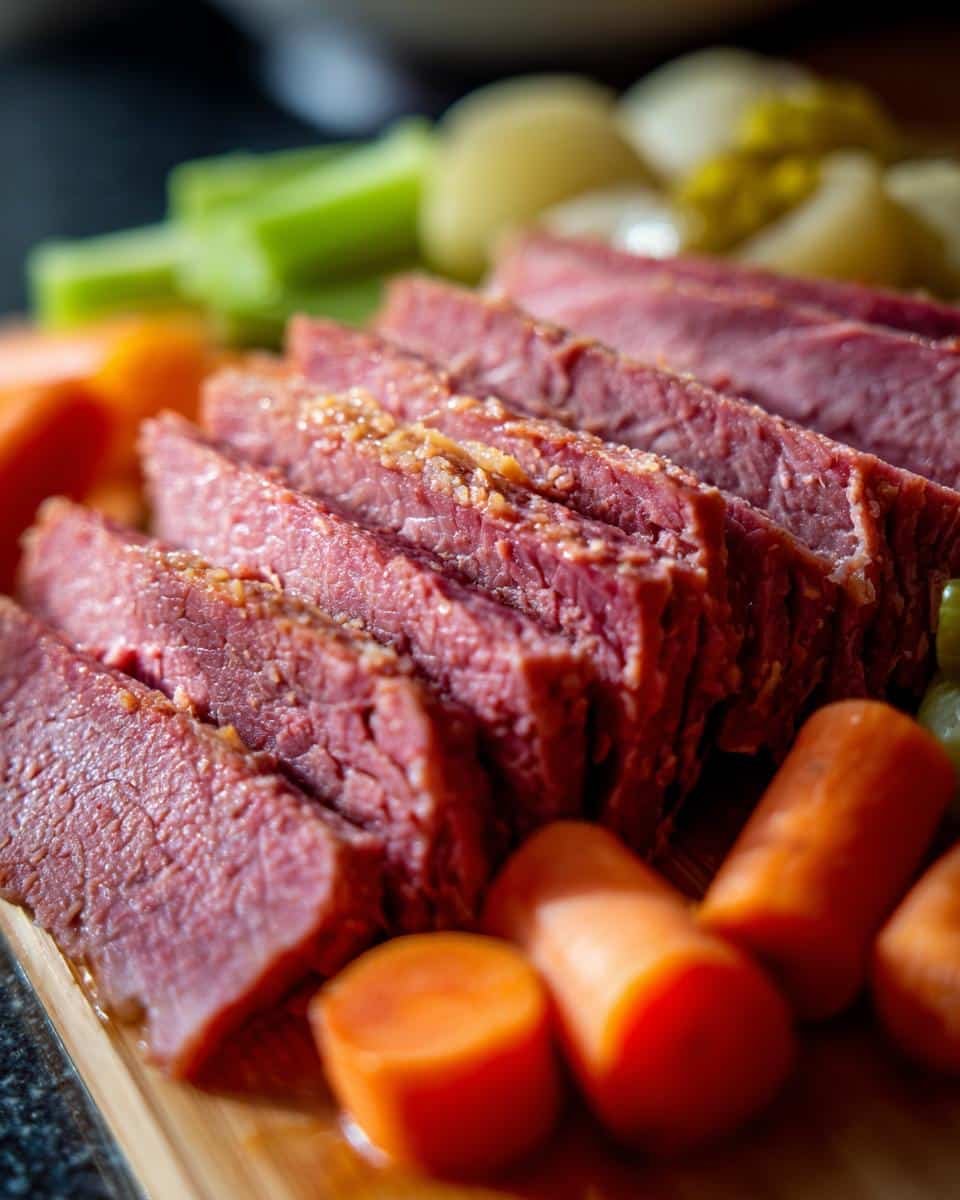 Corned Beef Recipes Slow Cooker: 8-Hour Tender Feast 6 Sliced corned beef recipes slow cooker with carrots, celery, and potatoes on a wooden board.