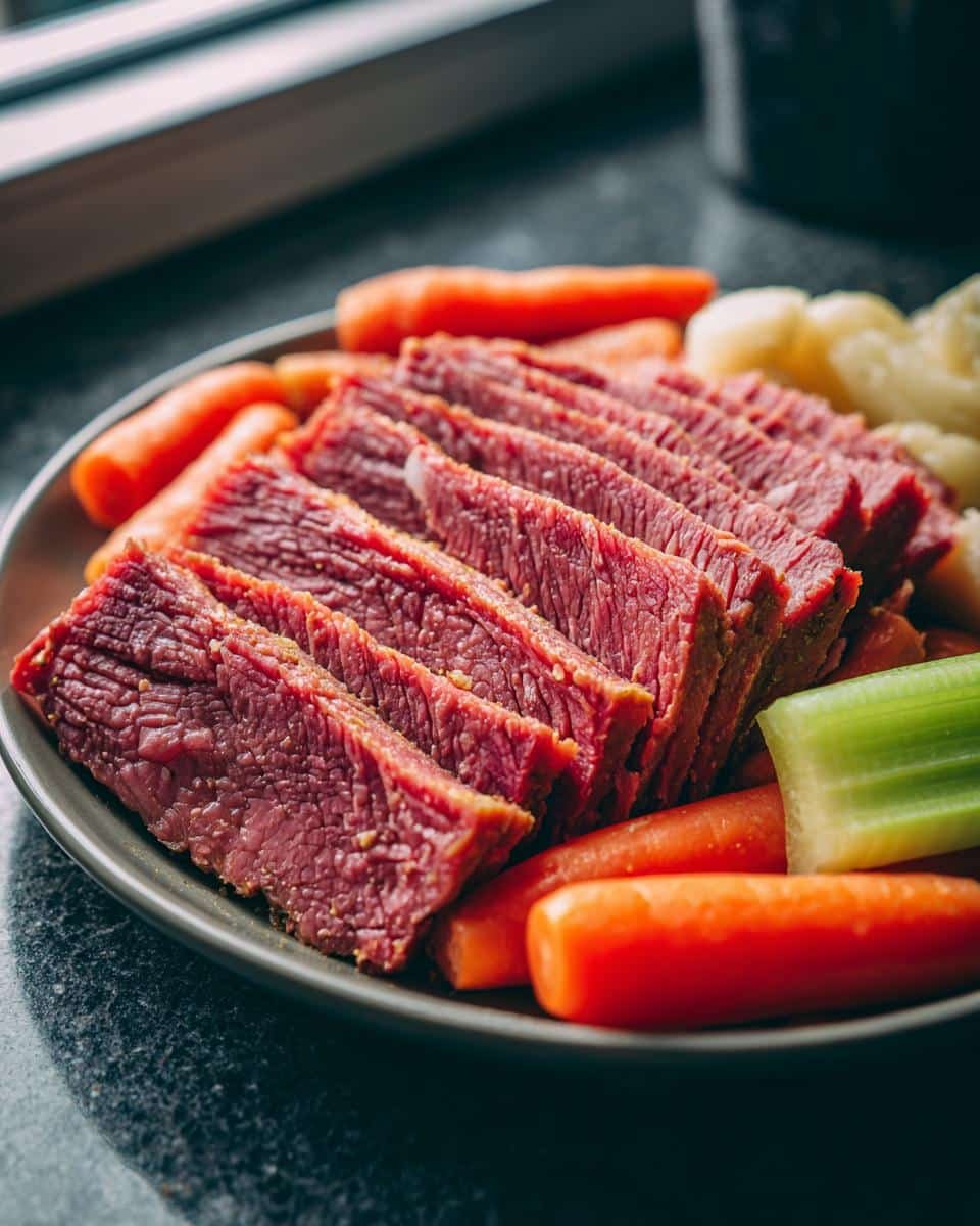 Corned Beef Recipes Slow Cooker: 8-Hour Tender Feast 9 Sliced corned beef recipes slow cooker with carrots, celery, and potatoes on a plate.