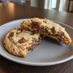 A halved cottage cheese chocolate chip cookie on a plate, showing the gooey melted chocolate inside.