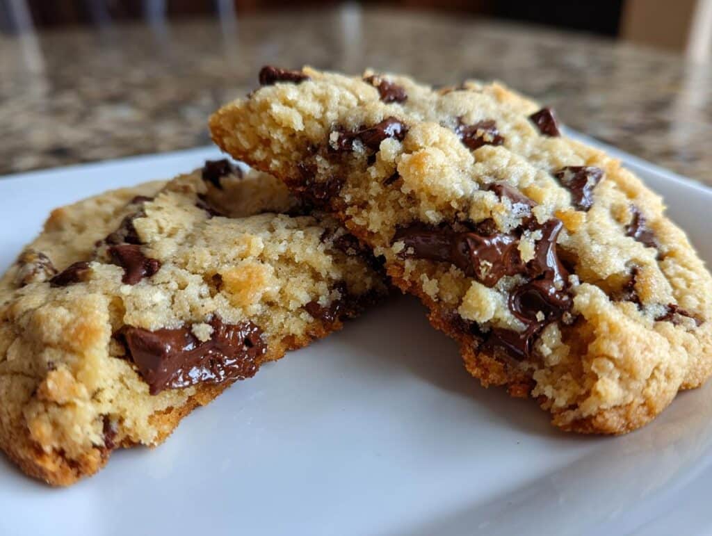 Two cottage cheese chocolate chip cookies, one broken in half to show the soft interior and melted chocolate.