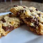 Two cottage cheese chocolate chip cookies, one broken in half to show the soft interior and melted chocolate.