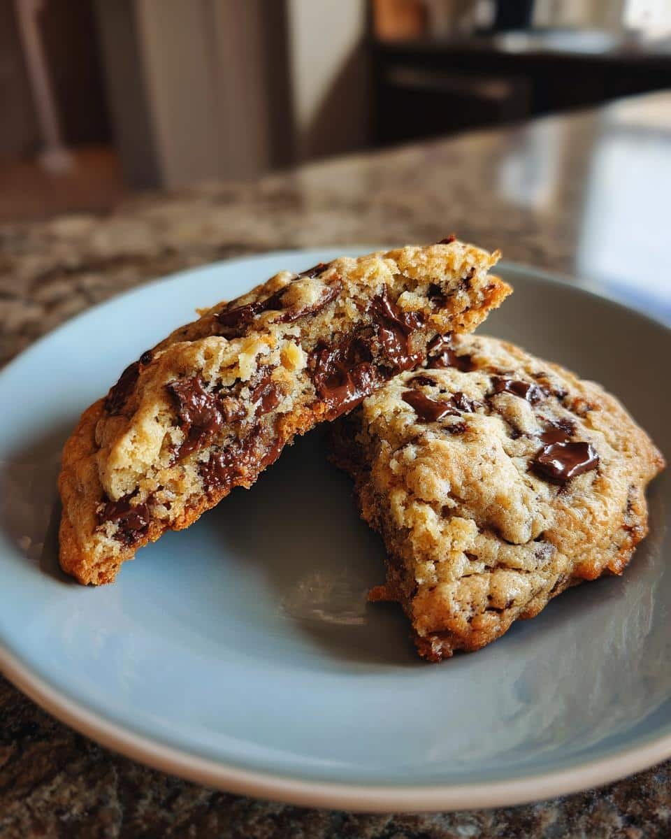 Unbelievably Soft Cottage Cheese Chocolate Chip Cookies 7 Two halves of a cottage cheese chocolate chip cookie on a blue plate, showing melted chocolate chips.