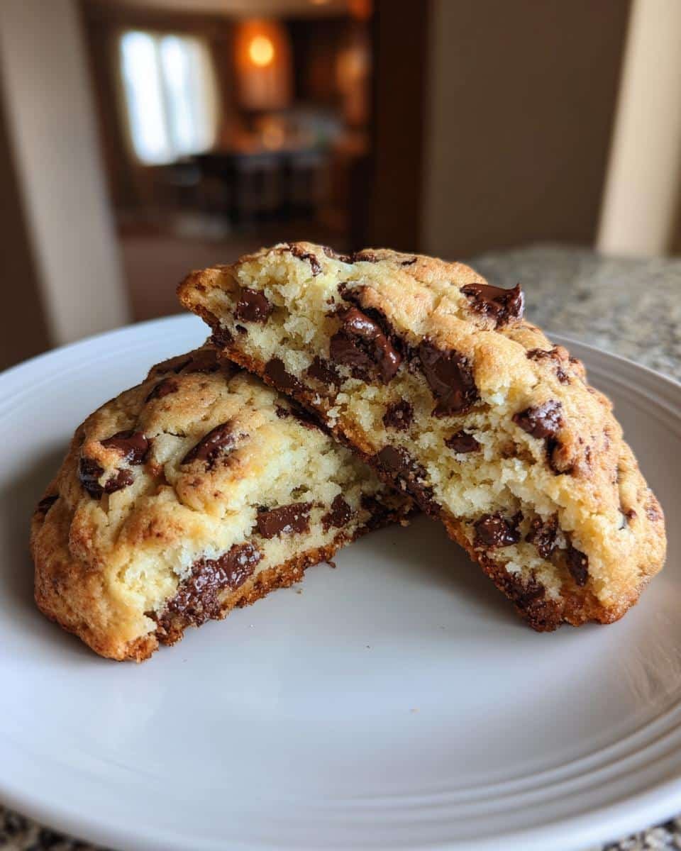 Unbelievably Soft Cottage Cheese Chocolate Chip Cookies 9 A halved cottage cheese chocolate chip cookie on a white plate, showing the soft interior.