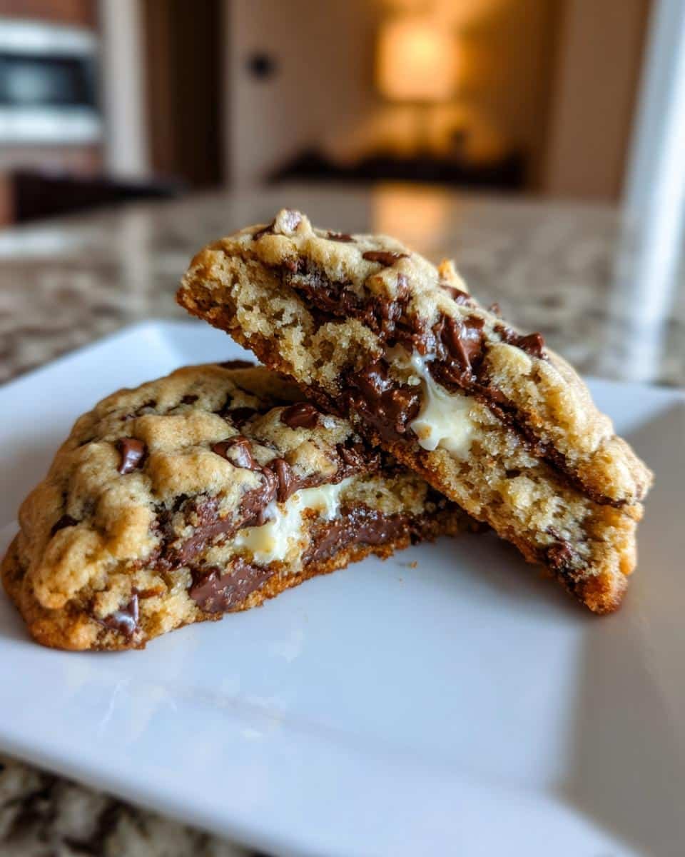 Unbelievably Soft Cottage Cheese Chocolate Chip Cookies 8 A halved cottage cheese chocolate chip cookie on a white plate, showing the soft texture and melted chocolate.