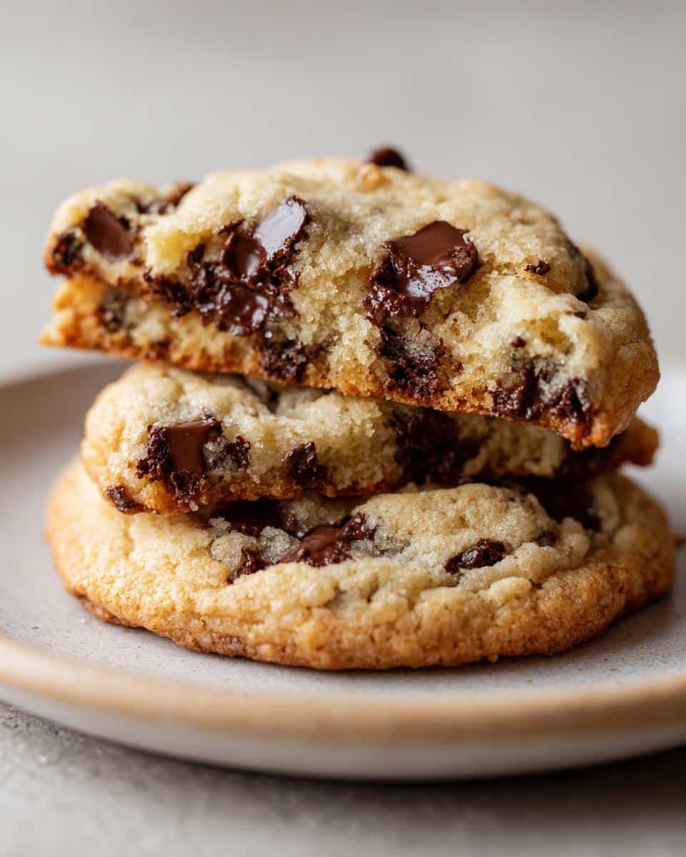 Unbelievably Soft Cottage Cheese Chocolate Chip Cookies 6 A stack of three cottage cheese chocolate chip cookies on a plate, with the top cookie broken in half.