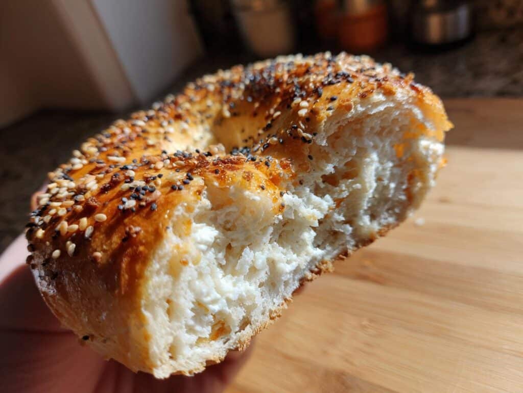 Close-up of a cottage cheese protein bagel air fryer recipe, bite taken, showing texture.