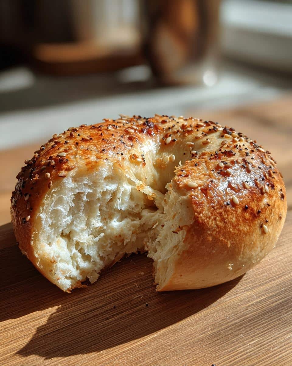 Cottage Cheese Protein Bagels Air Fryer: 4-Ingredient Win 8 A partially eaten cottage cheese protein bagel air fryer recipe, showing the inside texture and seeded crust.