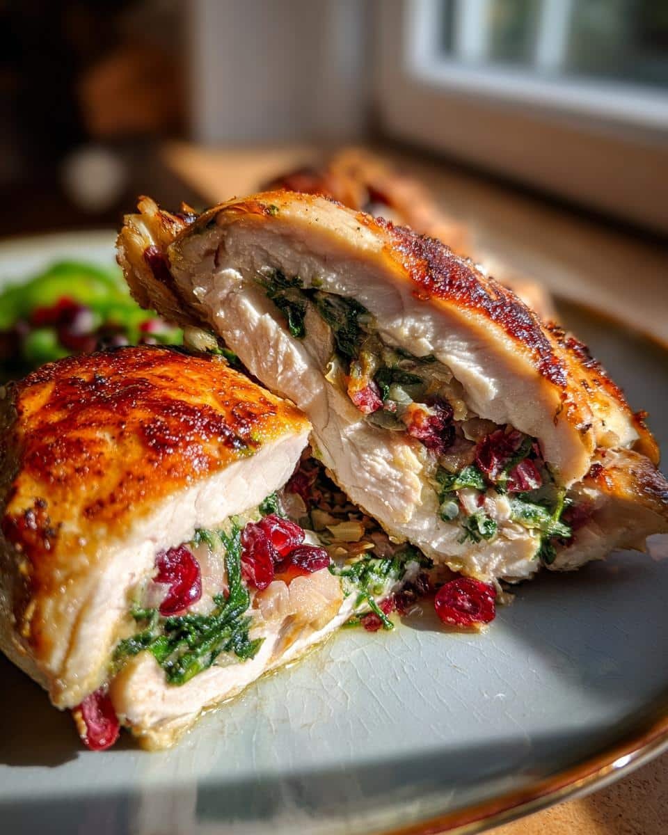 Disgustingly Easy Cranberry Spinach Stuffed Chicken in 30 8 Close-up of sliced Cranberry Spinach Stuffed Chicken showing the filling and golden-brown crust.