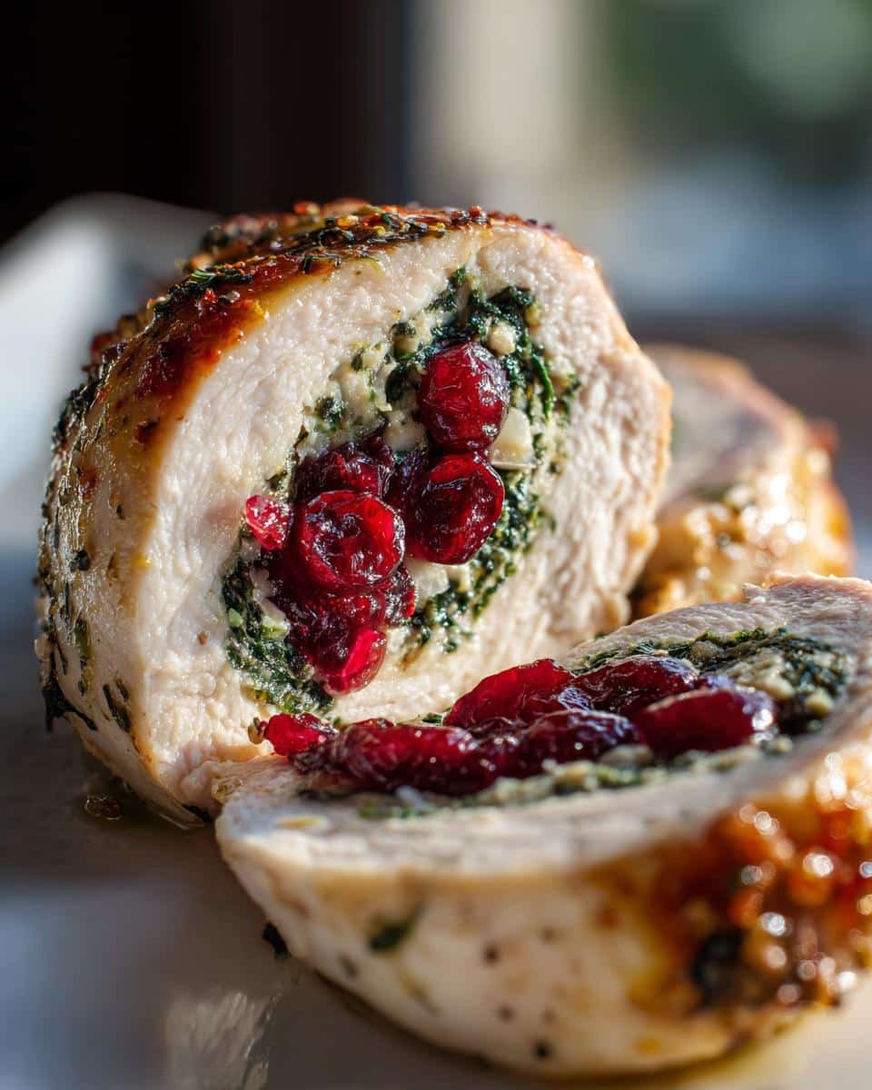 Disgustingly Easy Cranberry Spinach Stuffed Chicken in 30 7 Close-up of sliced Cranberry Spinach Stuffed Chicken, showing the filling and juicy cranberries.