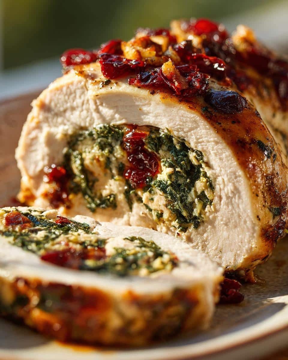 Disgustingly Easy Cranberry Spinach Stuffed Chicken in 30 6 Close-up of sliced Cranberry Spinach Stuffed Chicken, showcasing the spinach and cranberry filling.