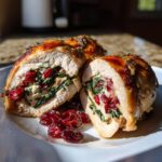 Two slices of Cranberry Spinach Stuffed Chicken on a plate, showcasing the vibrant filling.