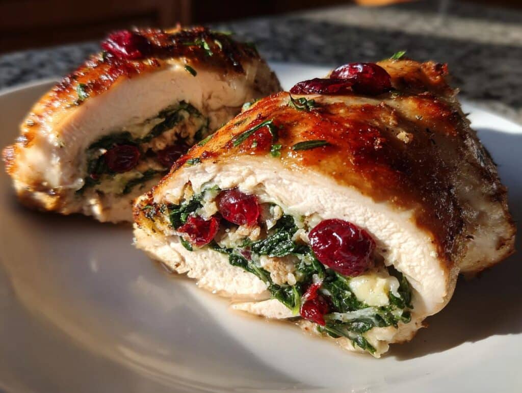 Two slices of cranberry spinach stuffed chicken breast on a white plate, showcasing the filling.