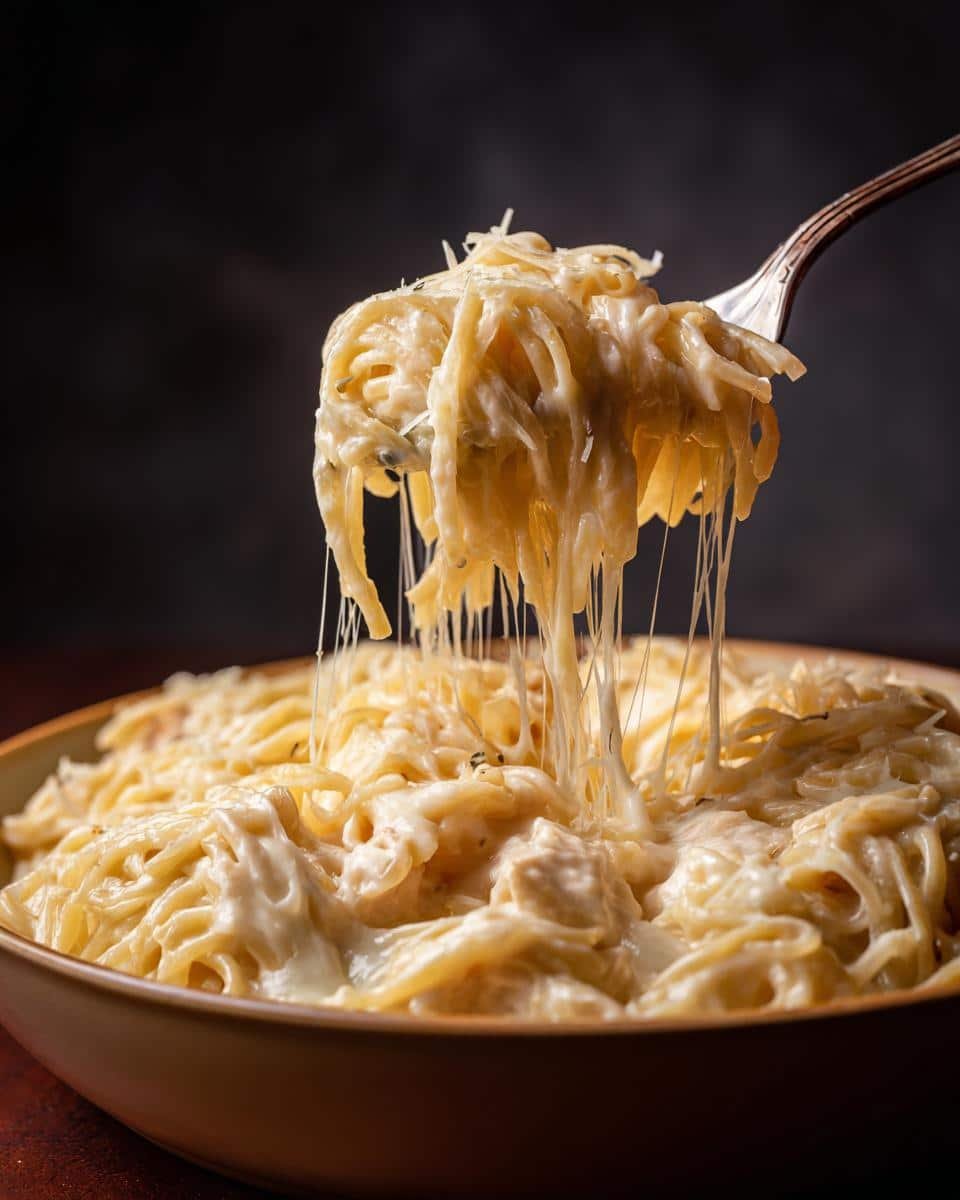 Irresistible Creamy Chicken Pasta in Just 30 Minutes 7 Fork lifting a portion of creamy chicken pasta, showcasing the cheesy sauce and tender chicken.