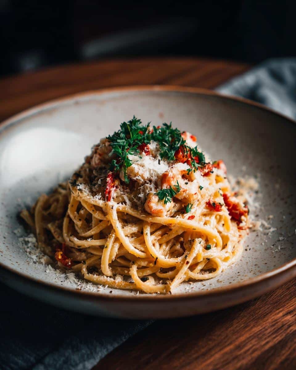 Irresistible Creamy Chicken Pasta in Just 30 Minutes 6 A plate of Creamy Chicken Pasta topped with fresh herbs and grated Parmesan cheese.