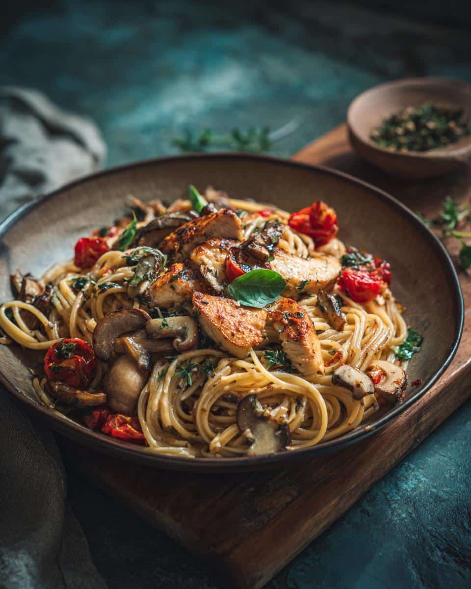 Irresistible Creamy Chicken Pasta in Just 30 Minutes 9 A bowl of creamy chicken pasta featuring grilled chicken, mushrooms, tomatoes, and herbs.