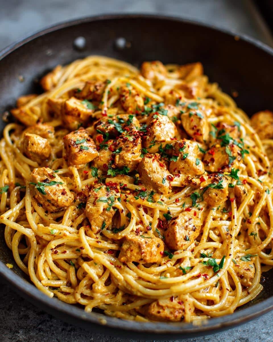 Irresistible Creamy Chicken Pasta in Just 30 Minutes 8 Close-up of creamy chicken pasta in a pan, garnished with parsley and red pepper flakes.