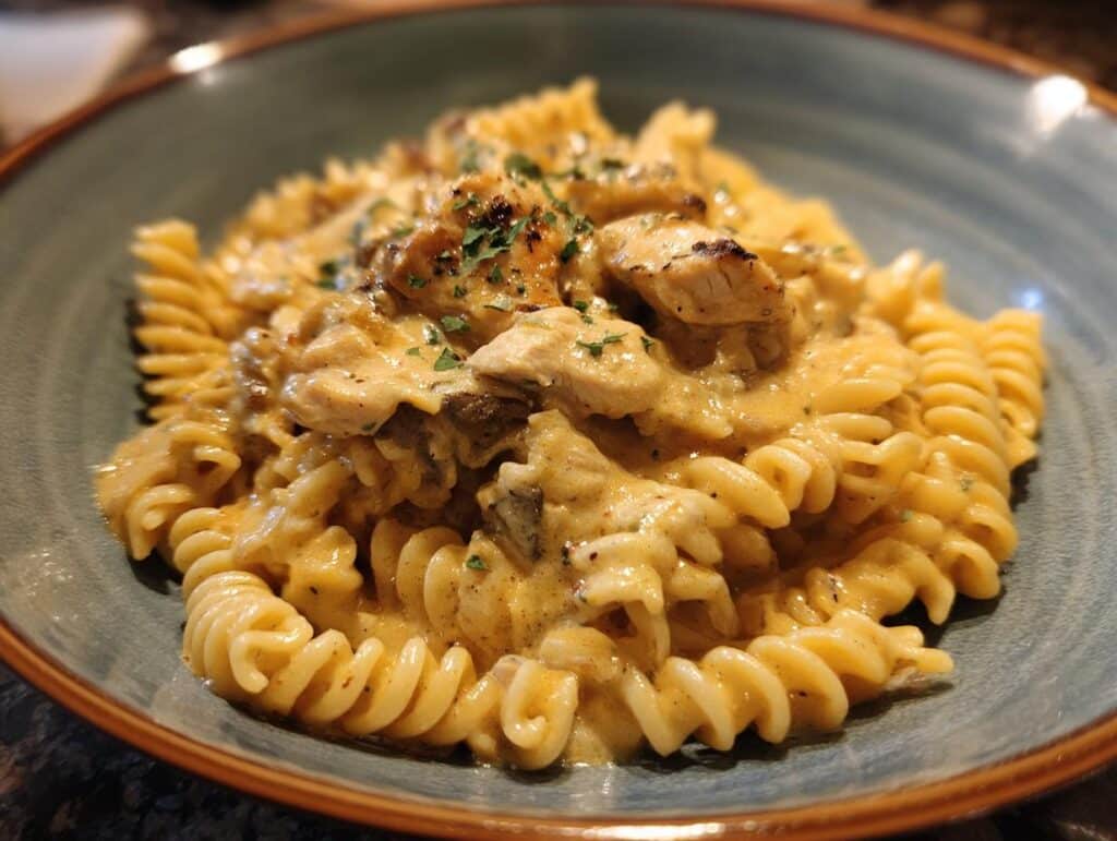A serving of Creamy Chicken Pasta with rotini noodles, chicken pieces, and creamy sauce in a bowl.