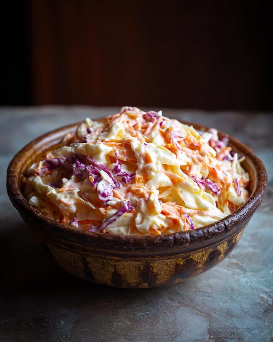 Irresistible Coleslaw Dressing Recipe in Just 5 Minutes 8 A bowl of creamy coleslaw with shredded cabbage, carrots, and coleslaw dressing, ready to serve.