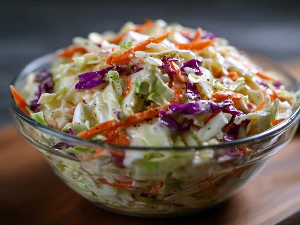 A bowl of fresh coleslaw with creamy coleslaw dressing made with cabbage, carrots, and a delicious homemade sauce.