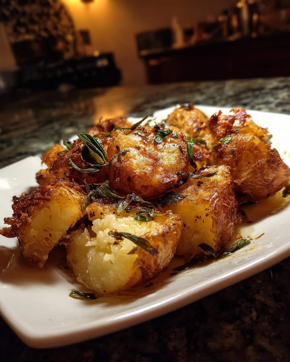 Unbelievably Delicious Creamy or Crispy Potatoes in 30 6 Close-up of Creamy or Crispy Potatoes on a white plate, garnished with fresh herbs.