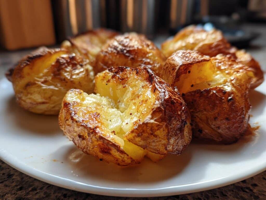 Close-up of golden Creamy or Crispy Potatoes served on a white plate, showcasing their texture.