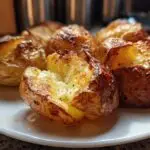 Close-up of golden Creamy or Crispy Potatoes served on a white plate, showcasing their texture.