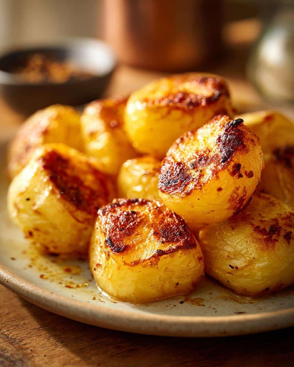 Unbelievably Delicious Creamy or Crispy Potatoes in 30 7 A plate of golden brown Creamy or Crispy Potatoes, roasted to perfection with a slightly caramelized exterior.
