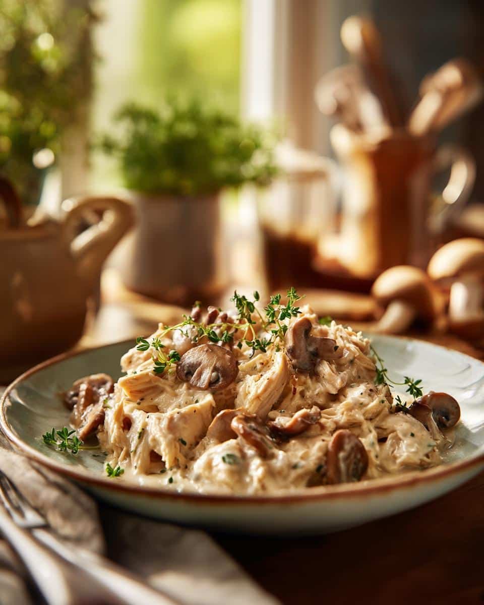7 Amazing Crockpot Chicken Recipes That Banishes Boredom 8 A plate of creamy crockpot chicken recipe with sliced mushrooms and thyme garnish.