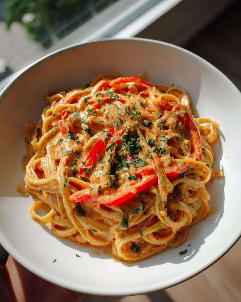 Creamy Vegan Cajun Pasta: 30 Minute Risky Recipe 6 A bowl of Creamy Vegan Cajun Pasta with red peppers and herbs, ready to eat.