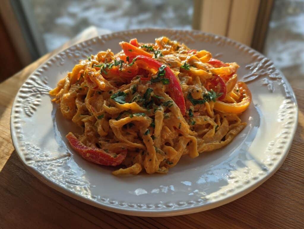 A plate of Creamy Vegan Cajun Pasta with red peppers and herbs, ready to eat.