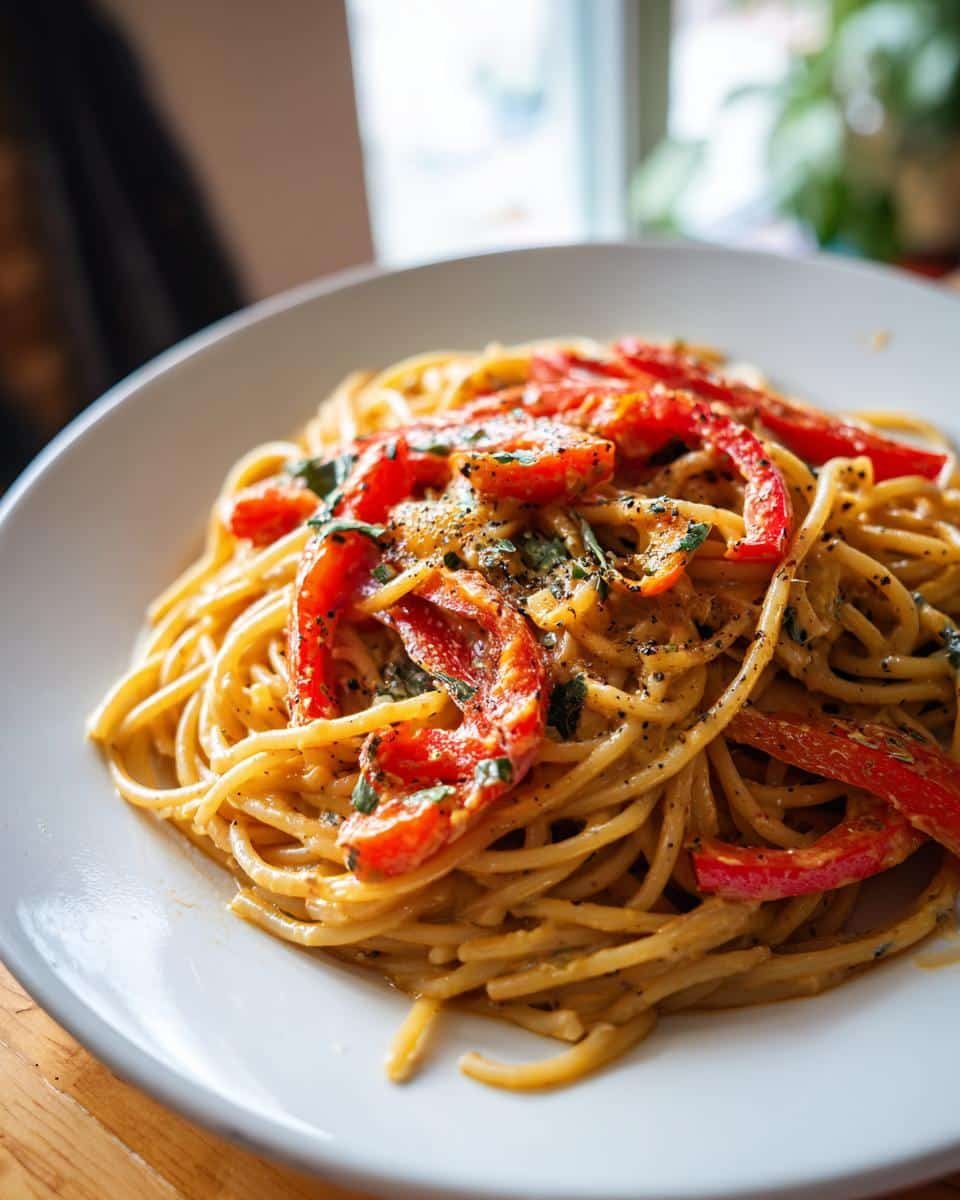 Creamy Vegan Cajun Pasta: 30 Minute Risky Recipe 9 A plate of creamy vegan Cajun pasta topped with sliced red bell peppers and fresh herbs.
