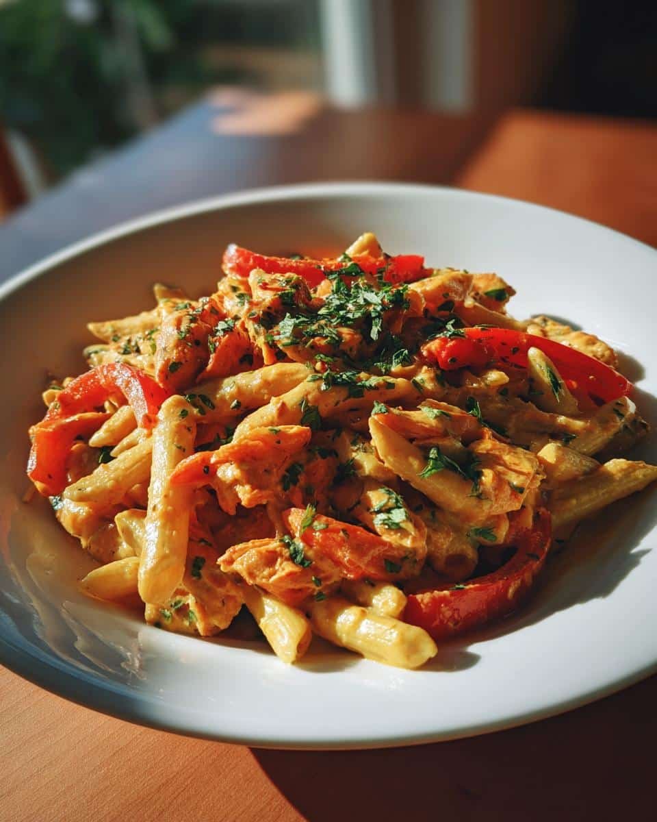 Creamy Vegan Cajun Pasta: 30 Minute Risky Recipe 8 A bowl of Creamy Vegan Cajun Pasta with penne, red peppers, and fresh herbs.