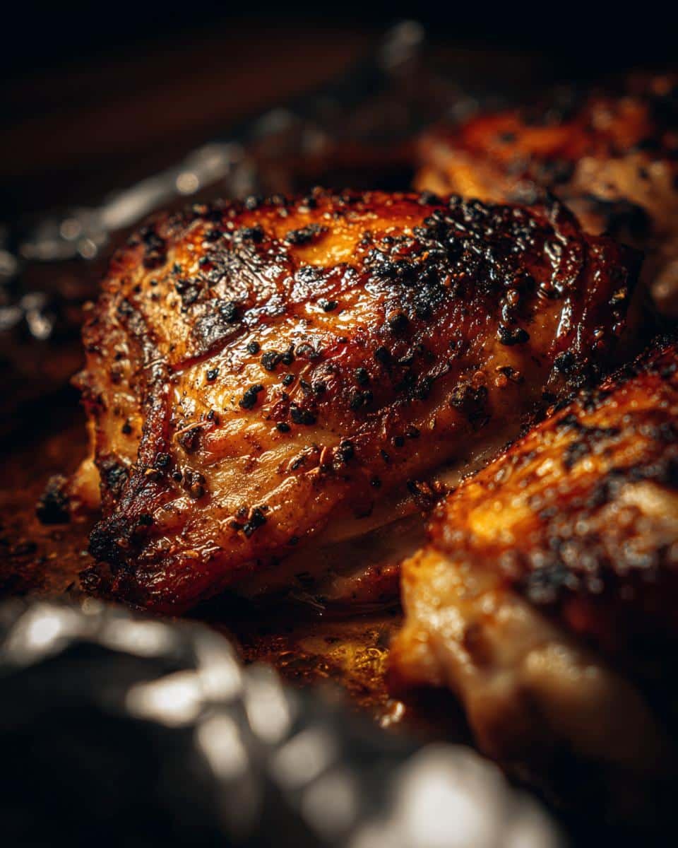 Foolproof Chicken Thigh Recipes: Irresistibly Simple 7 Close-up of baked chicken thigh recipes with crispy skin on a foil-lined baking sheet.