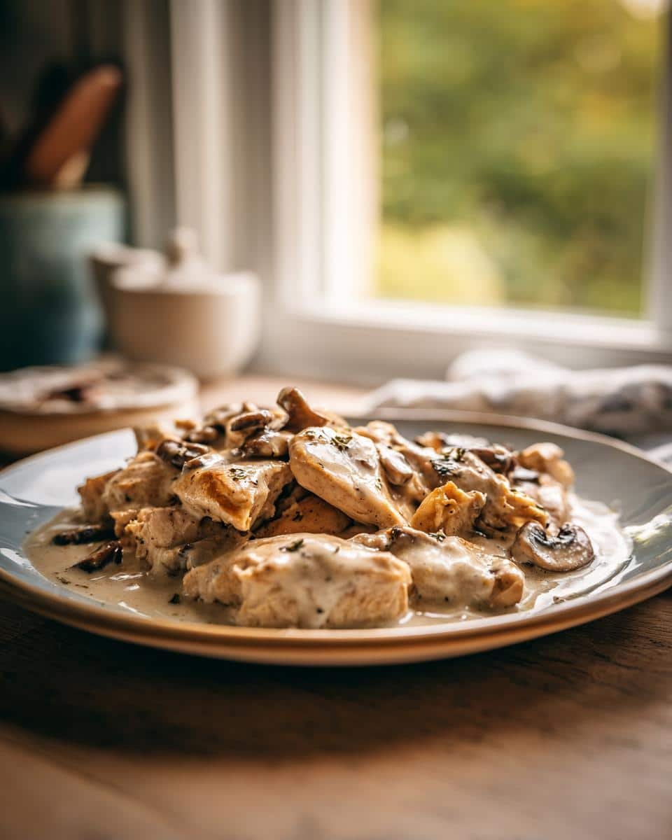 7 Amazing Crockpot Chicken Recipes That Banishes Boredom 6 Delicious crockpot chicken recipe with creamy mushroom sauce, plated and ready to serve.