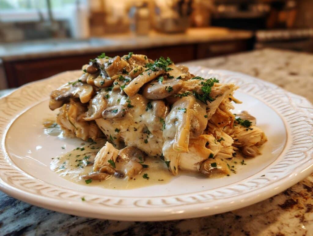 Delicious crockpot chicken recipes: Chicken breast topped with creamy mushroom sauce and parsley on a white plate.