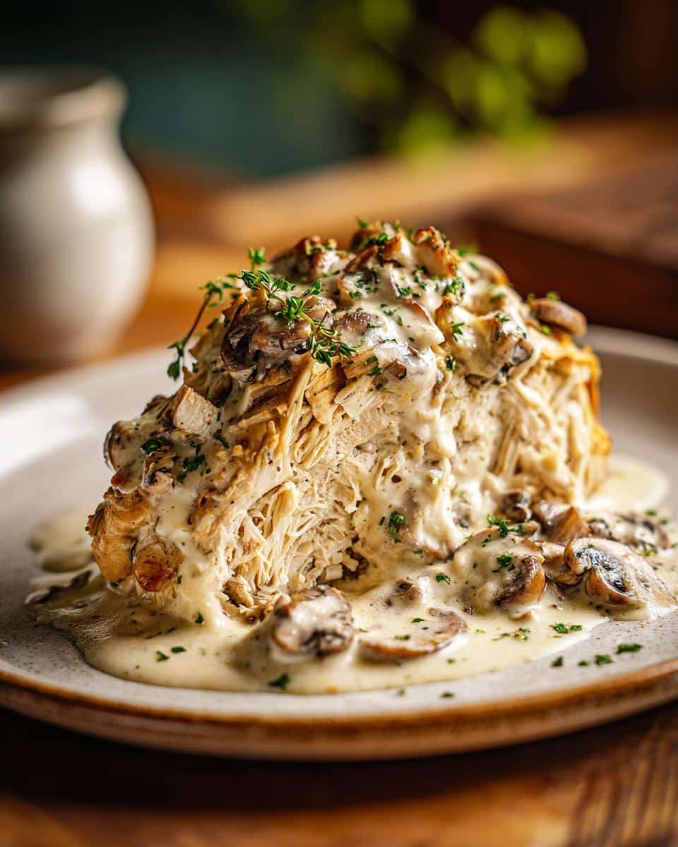 7 Amazing Crockpot Chicken Recipes That Banishes Boredom 9 A slice of crockpot chicken recipe with creamy mushroom sauce and herb garnish on a plate.