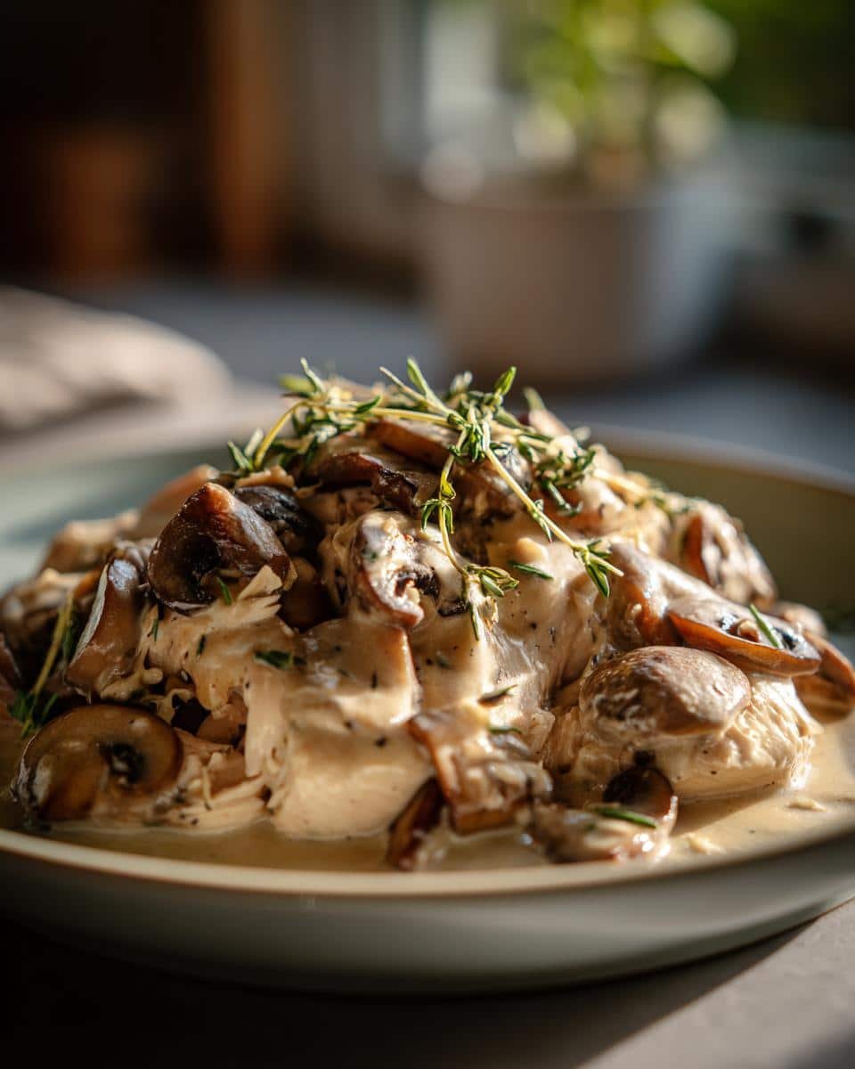 7 Amazing Crockpot Chicken Recipes That Banishes Boredom 7 Delicious crockpot chicken recipes featuring creamy chicken and mushrooms, garnished with fresh thyme.