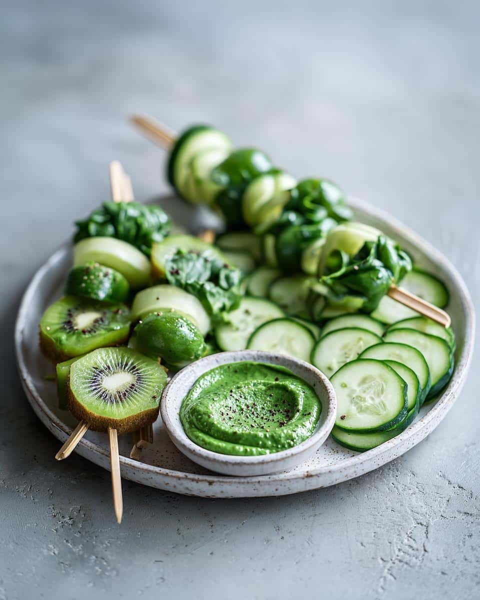 Disgustingly Delicious: 3 Green Foods For Party 7 Cucumber and kiwi skewers with green dipping sauce, a vibrant and healthy option for green foods for party.