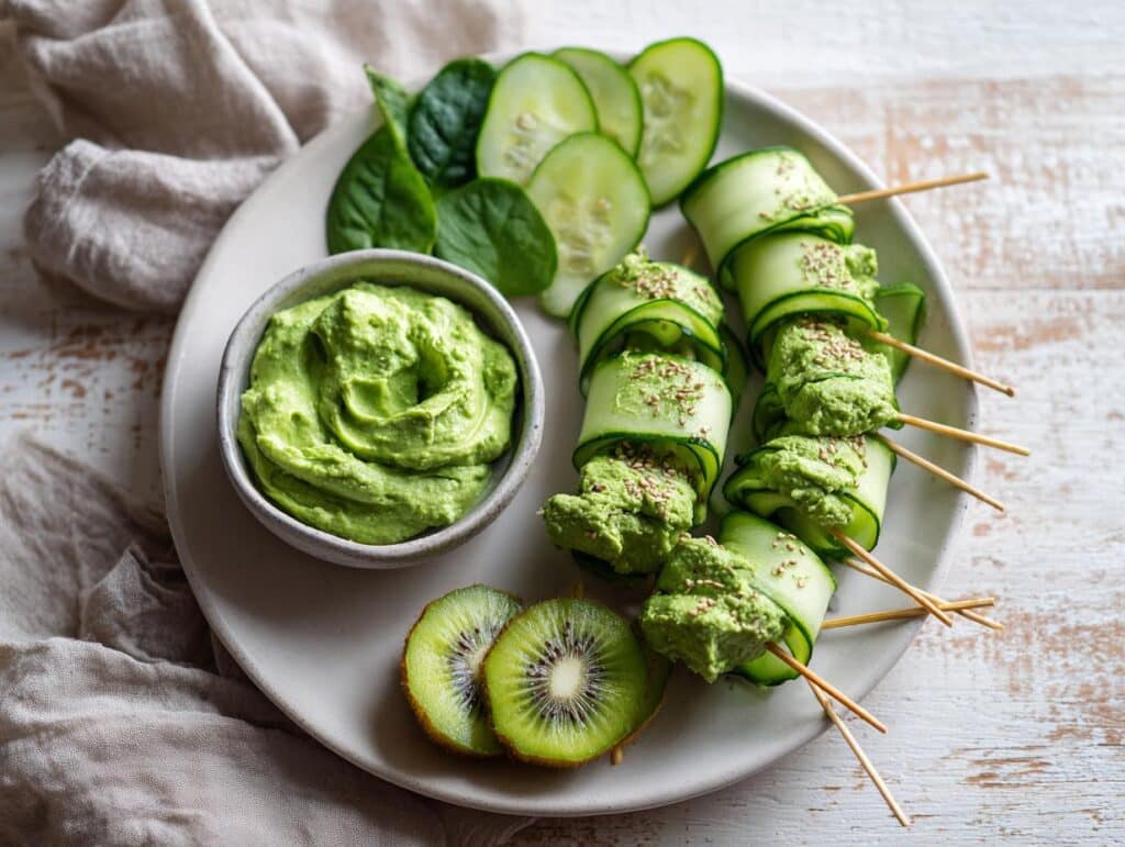 Cucumber skewers with green dip, kiwi, and spinach, showcasing green foods for party.