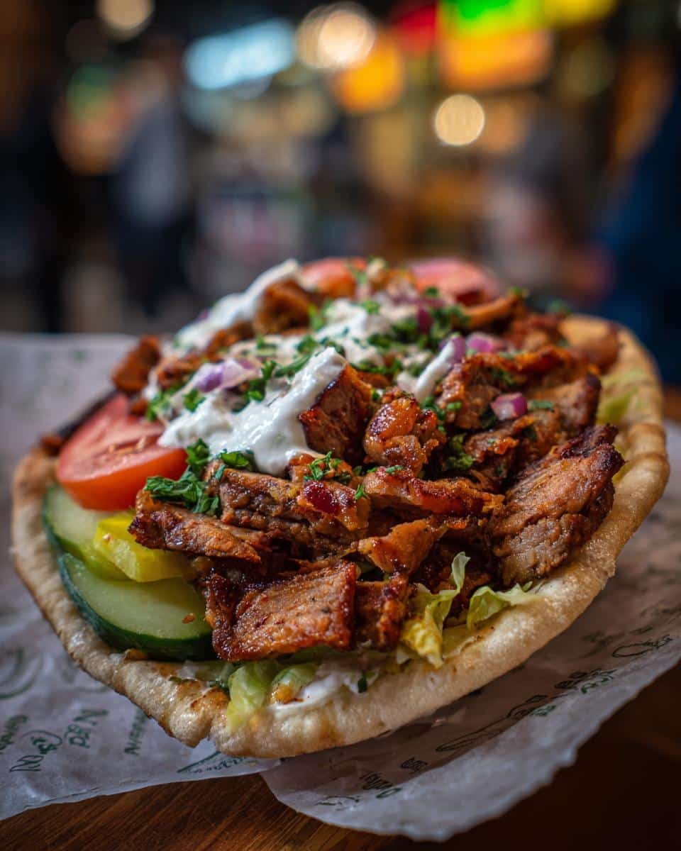 Doner Kebab: Sadly Delicious in Under 2 Hours 8 Close-up of a delicious Doner Kebab served on pita bread with meat, vegetables, and sauce.
