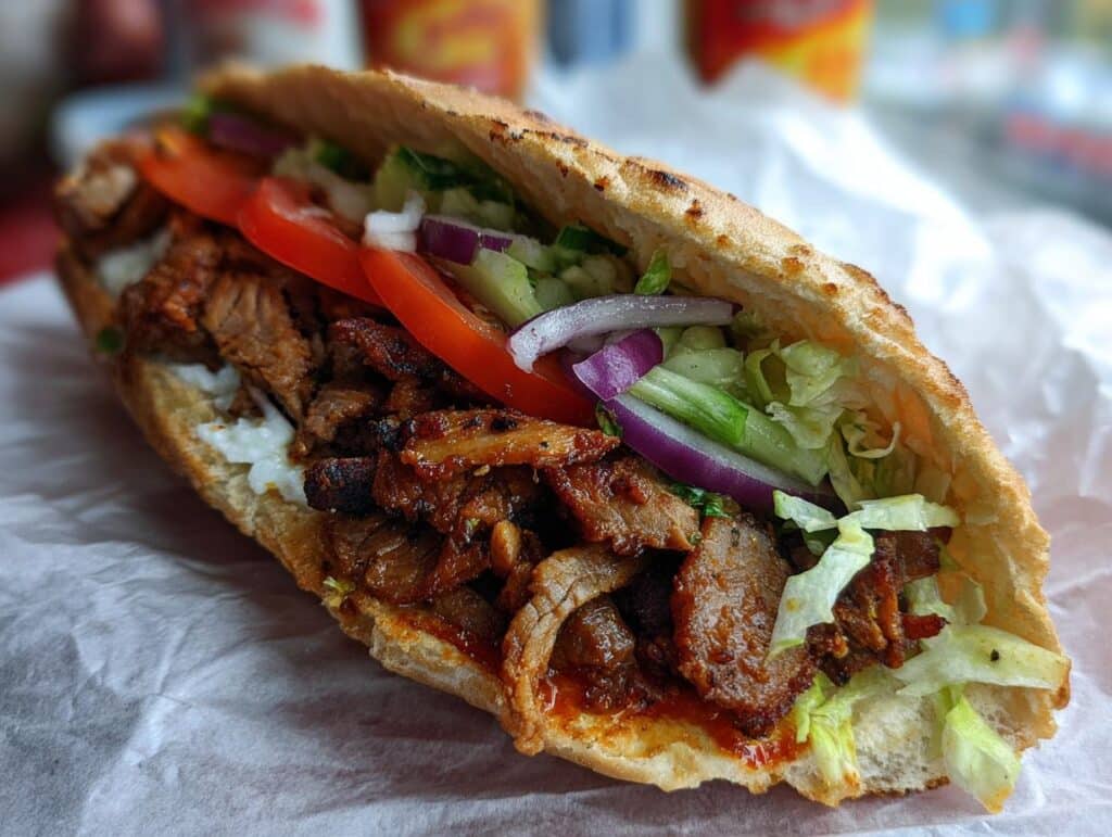 A close-up of a Doner Kebab sandwich with meat, tomatoes, lettuce, cucumber, and red onion.