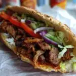 A close-up of a Doner Kebab sandwich with meat, tomatoes, lettuce, cucumber, and red onion.