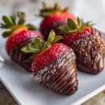 Close-up of Easter chocolate covered strawberries with sprinkles on a white plate.