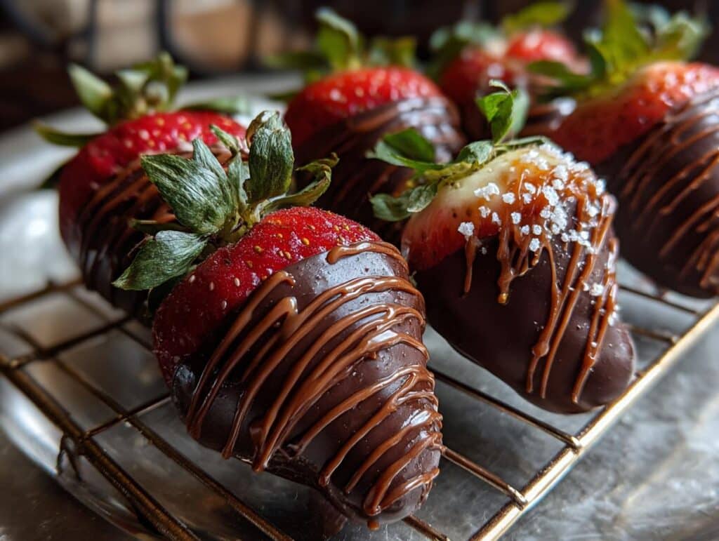 Close-up of Easter chocolate covered strawberries, some drizzled with chocolate and others with sugar crystals, on a wire rack.