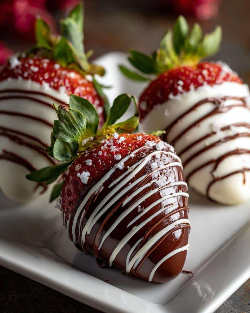 Easy Easter Chocolate Covered Strawberries: 4 Steps 7 Three Easter chocolate covered strawberries, drizzled with white and dark chocolate, on a white plate.
