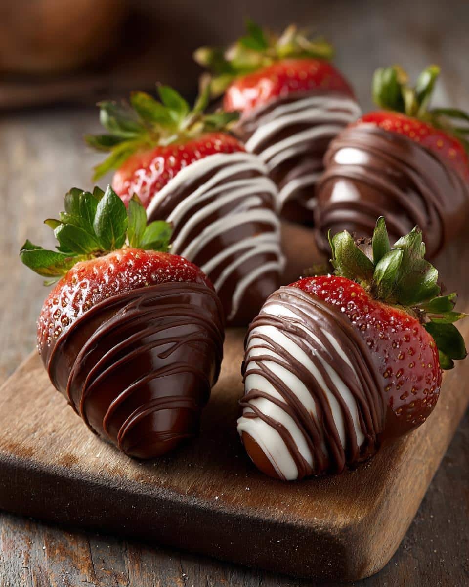 Easy Easter Chocolate Covered Strawberries: 4 Steps 8 Delicious Easter chocolate covered strawberries with dark and white chocolate drizzle on a wooden board.