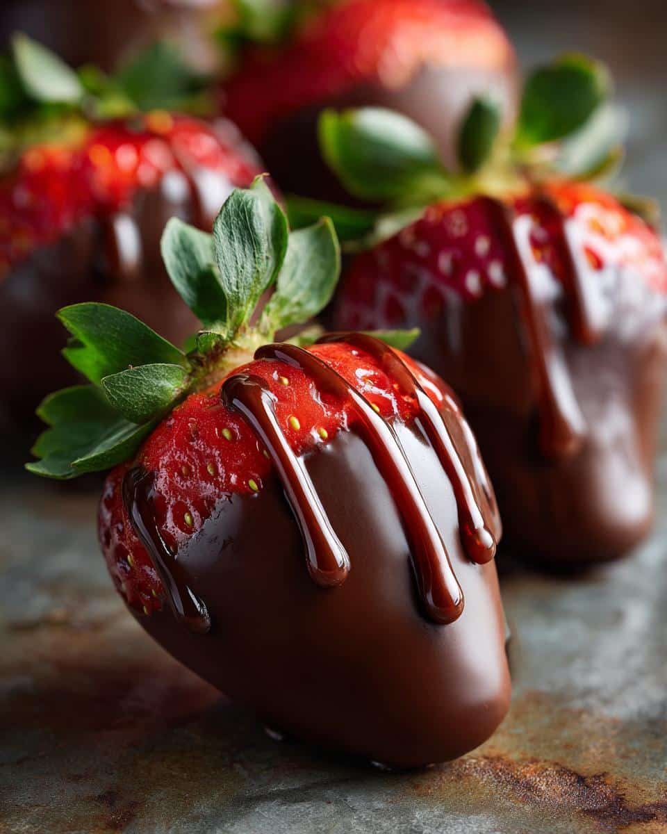 Easy Easter Chocolate Covered Strawberries: 4 Steps 9 Close-up of Easter chocolate covered strawberries with chocolate drizzle and fresh green leaves.