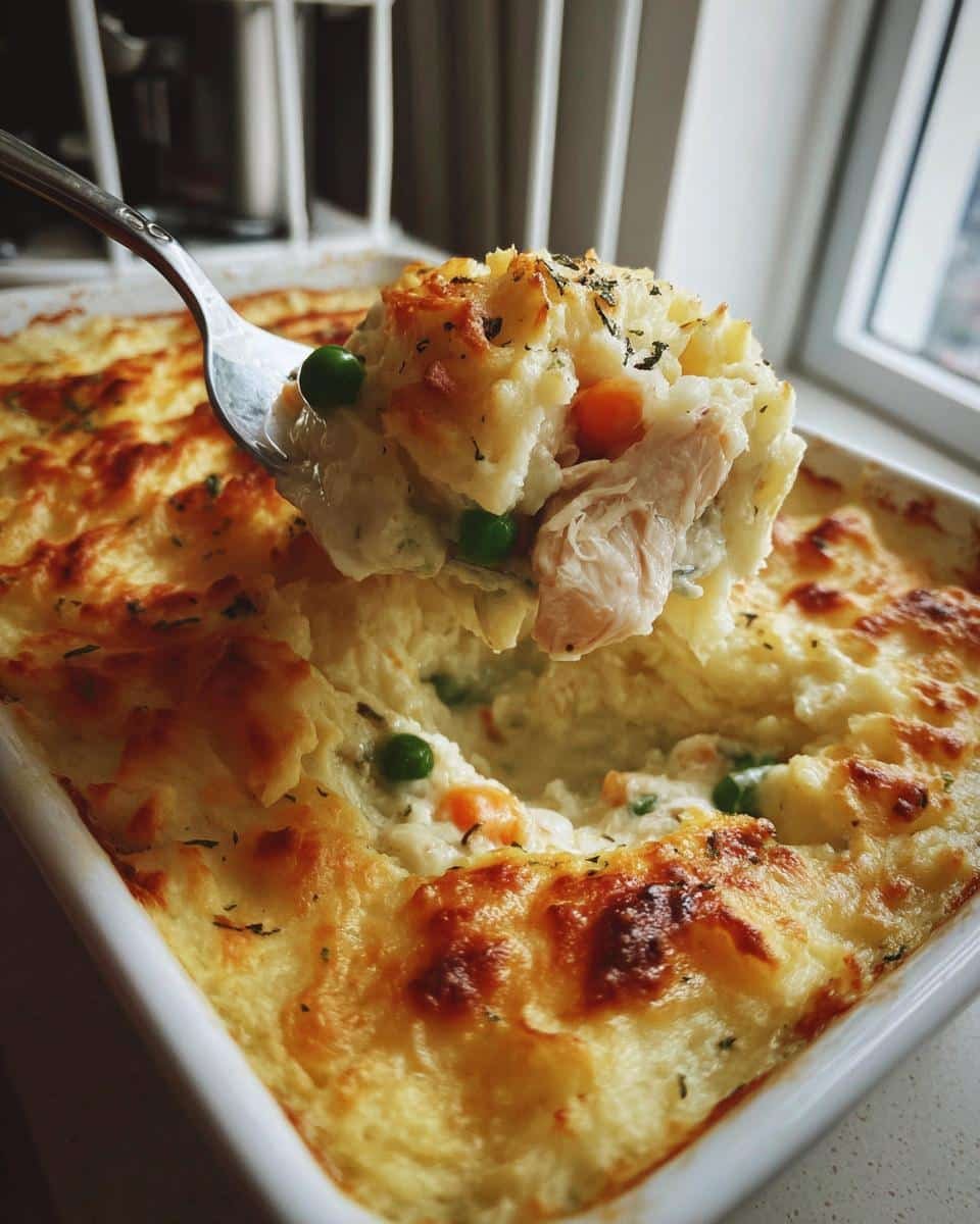 Easy Chicken Shepherds Pie Recipe: Ditch Lamb, It's Divine 6 Spoonful of easy chicken shepherds pie with mashed potato topping, chicken, peas and carrots.