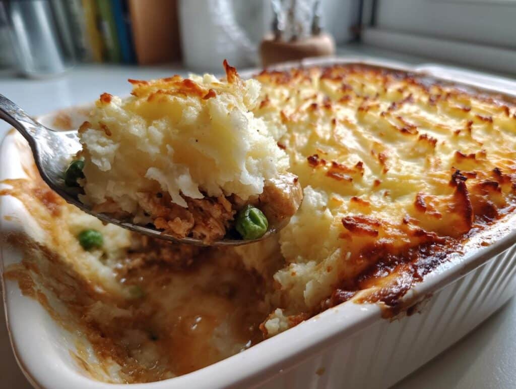 Spoonful of easy chicken shepherds pie being lifted from a baking dish, showcasing the chicken filling and mashed potato topping.